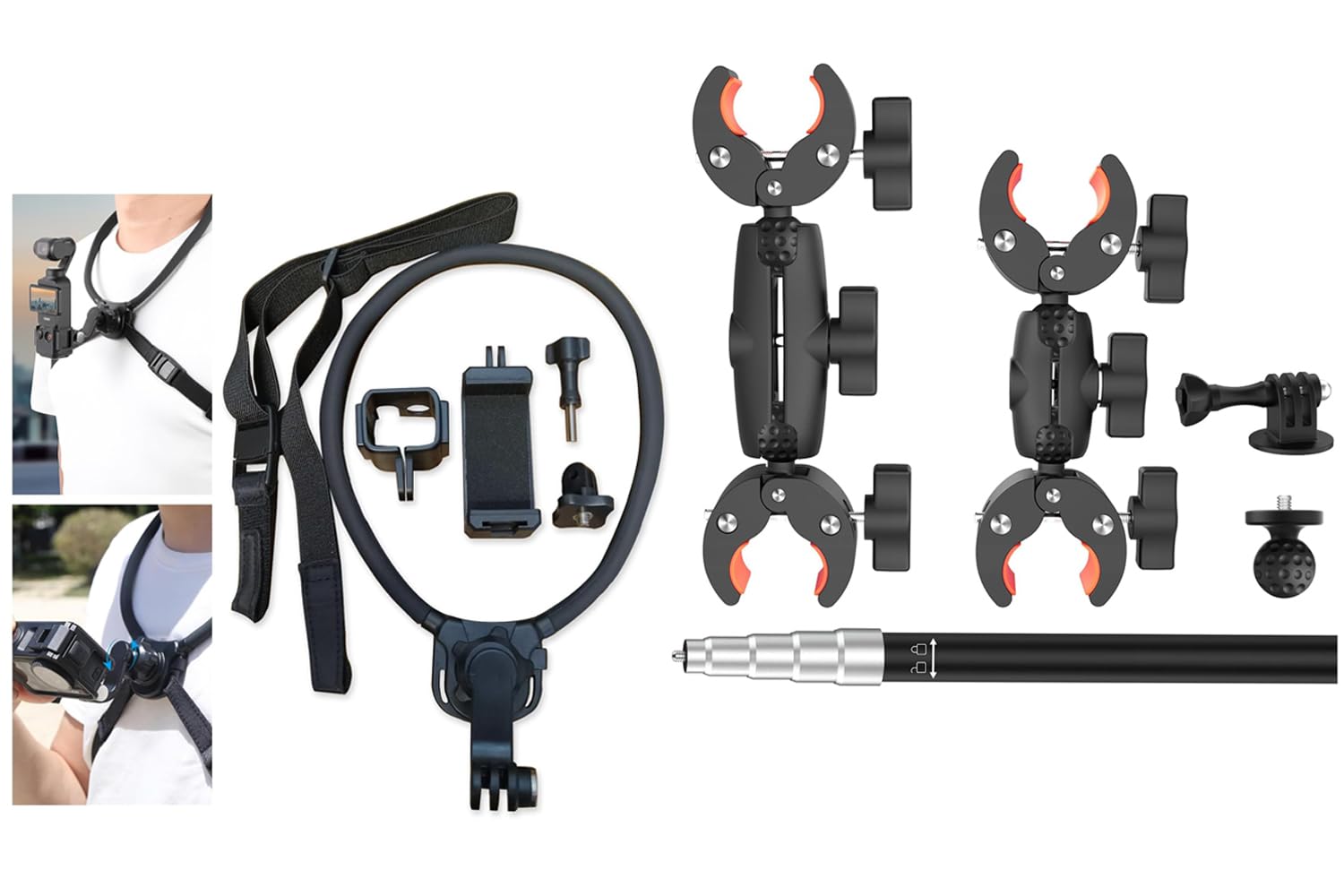 UNSTINCER 360° drehbarer Halshalterung mit Brustgurt + Doppelklemme Action Kamera Halterung mit 119 cm Selfie Stick Bundle