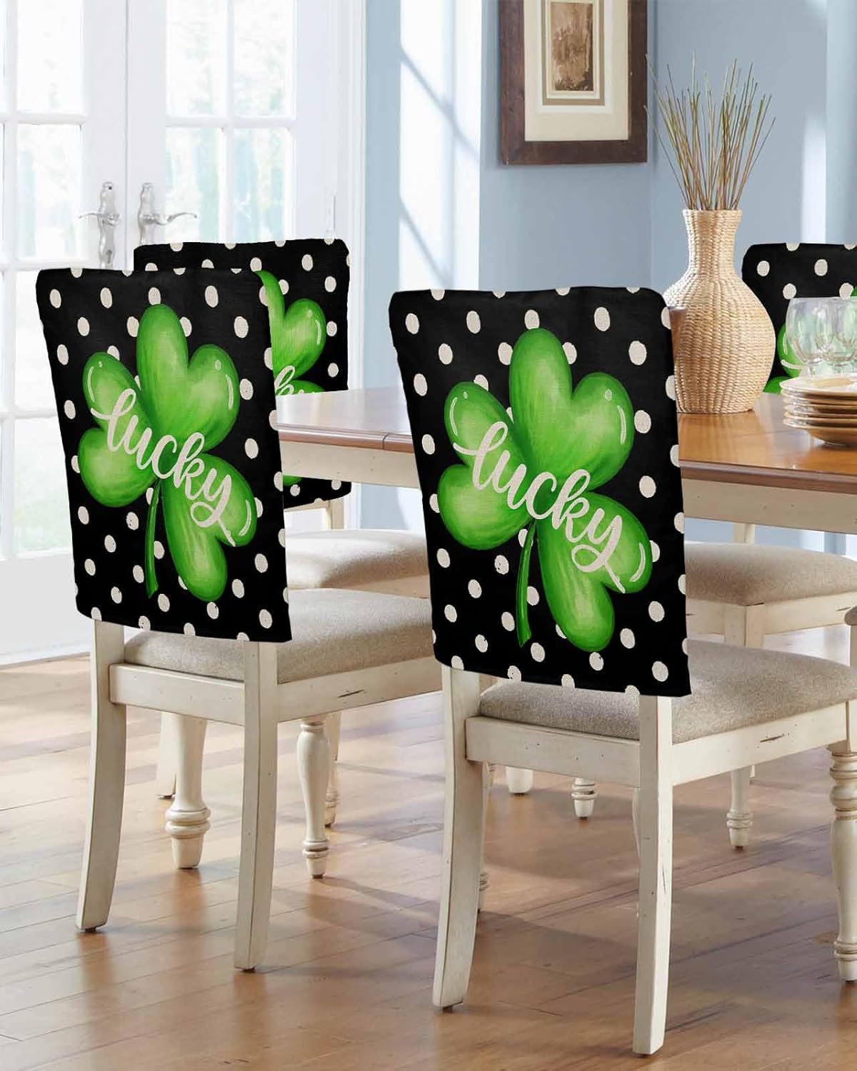 Chair Back Covers Set of 4, St. Patrick's Day Washable Removable Chair Covers for Dining Room, Green Lucky Black White Polka Dots Decorative Dining Chair Slipcover for Home, Party, Wedding, 20x19 Inch
