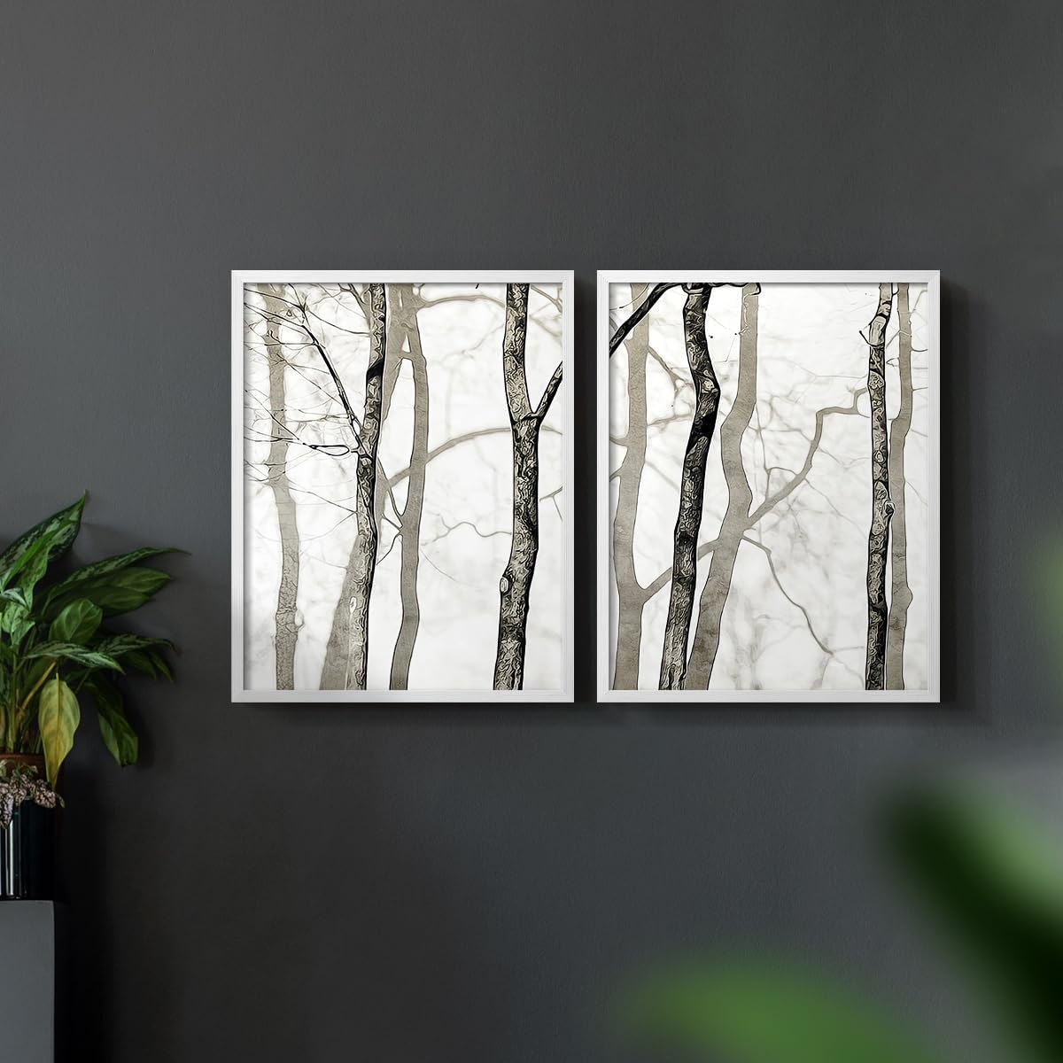 Renditions Gallery Set of 2 Peel & Stick Framed Prints, Abstract Wall Art, Bright Shadowed Tree Trunks Wall Decor, Re-Stickable - Ready to Hang - 16"x20" - White Frame LT585