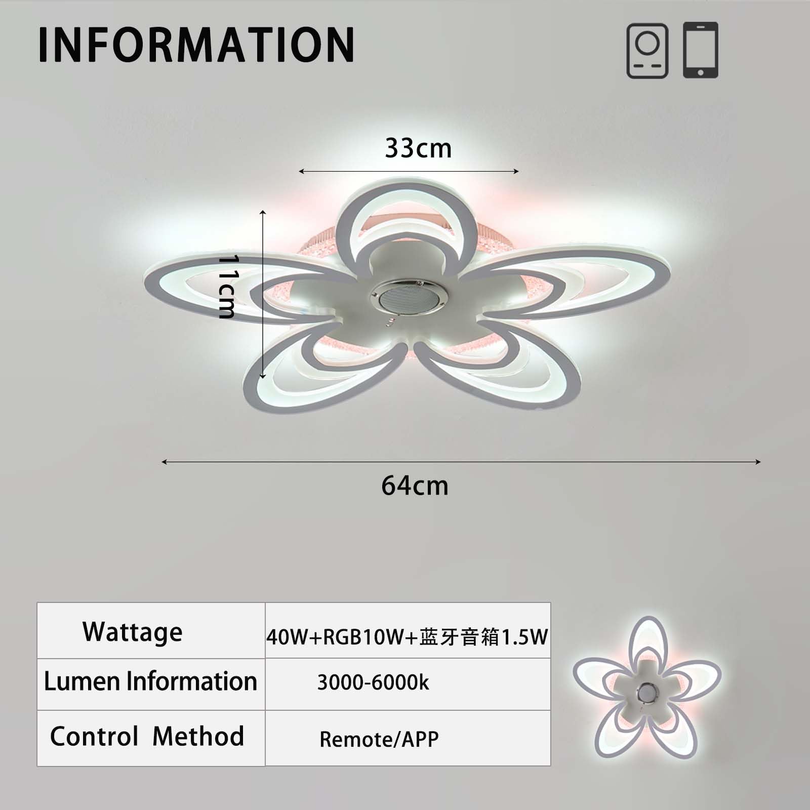 Lampara Techo RGB Cuenta Altavoz Integrado Temperaturas 3 Color Modo Memoria Ceiling Light Puede Controlar Mediante Mando Distancia APP Para Dormitorios Habitaciones Infa Salones, Blanco