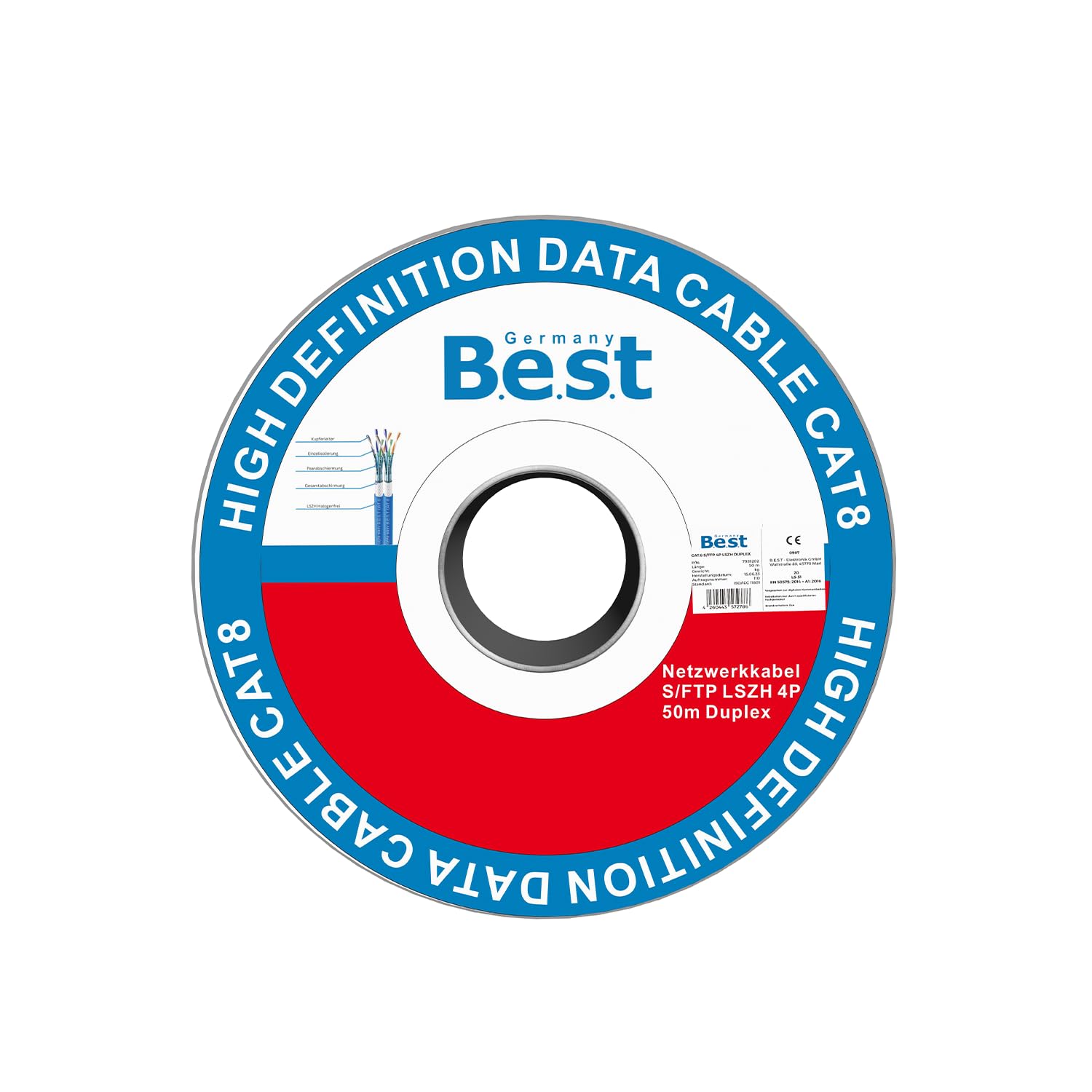 Germany B.e.s.t Cavo di rete duplex CAT 8, 50 m, in rame, LAN, S/FTP, 40 Gbps, cat, 8, in puro rame, cavo dati PoE++ LSZH