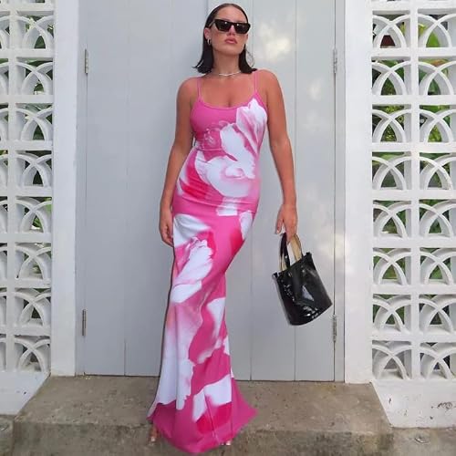 Ccisppal Women's Sleeveless Asymmetric Print Bodycon Maxi Long Dress Casual Bodycon Long Dress Women Streetwear Y2K B-Pink #TOP1