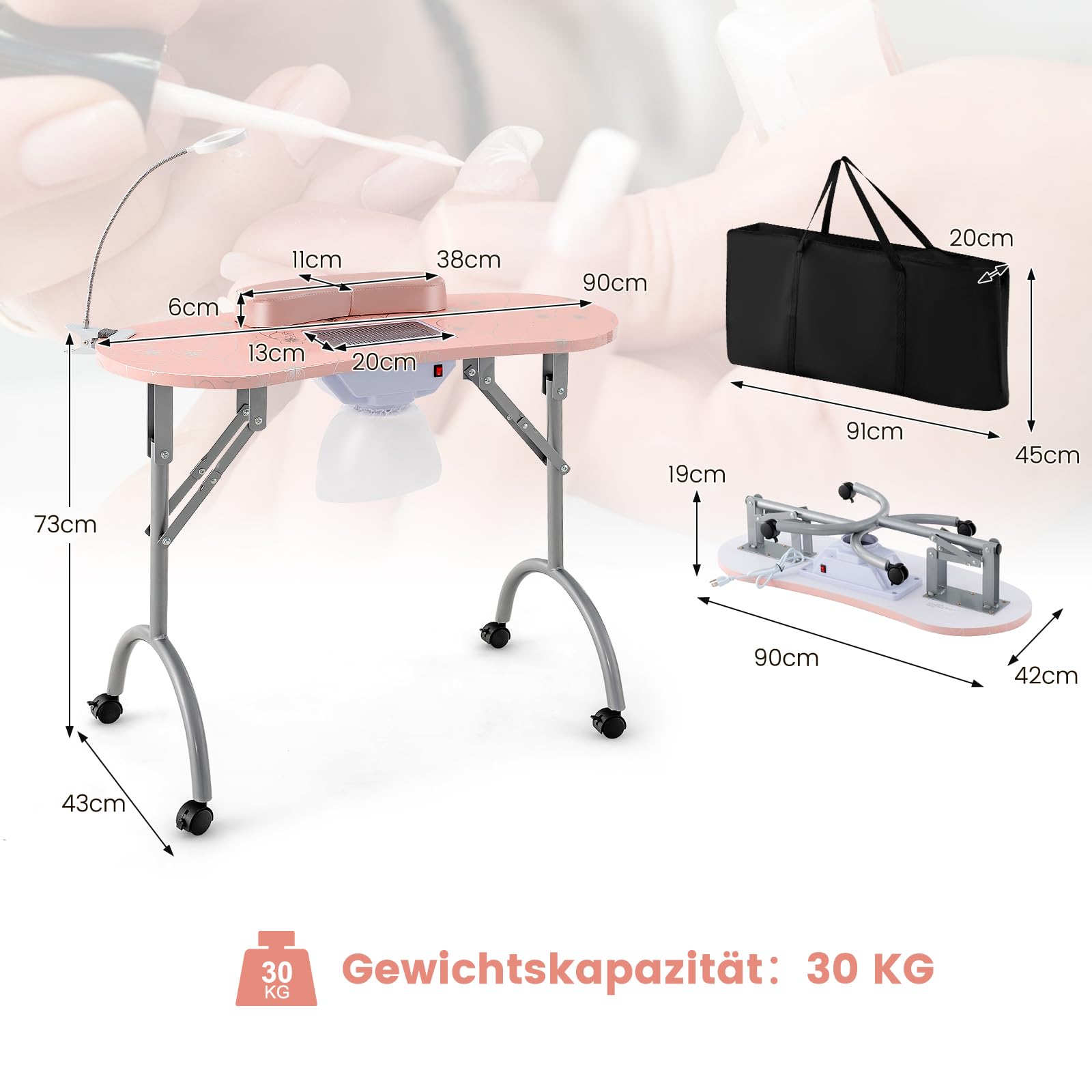 COSTWAY składany stół do manicure z elektrycznym odkurzaczem, lampą LED, podłokietnikiem, torbą do transportu i rolkami, stół do manicure w marmurowym wyglądzie (różowy)