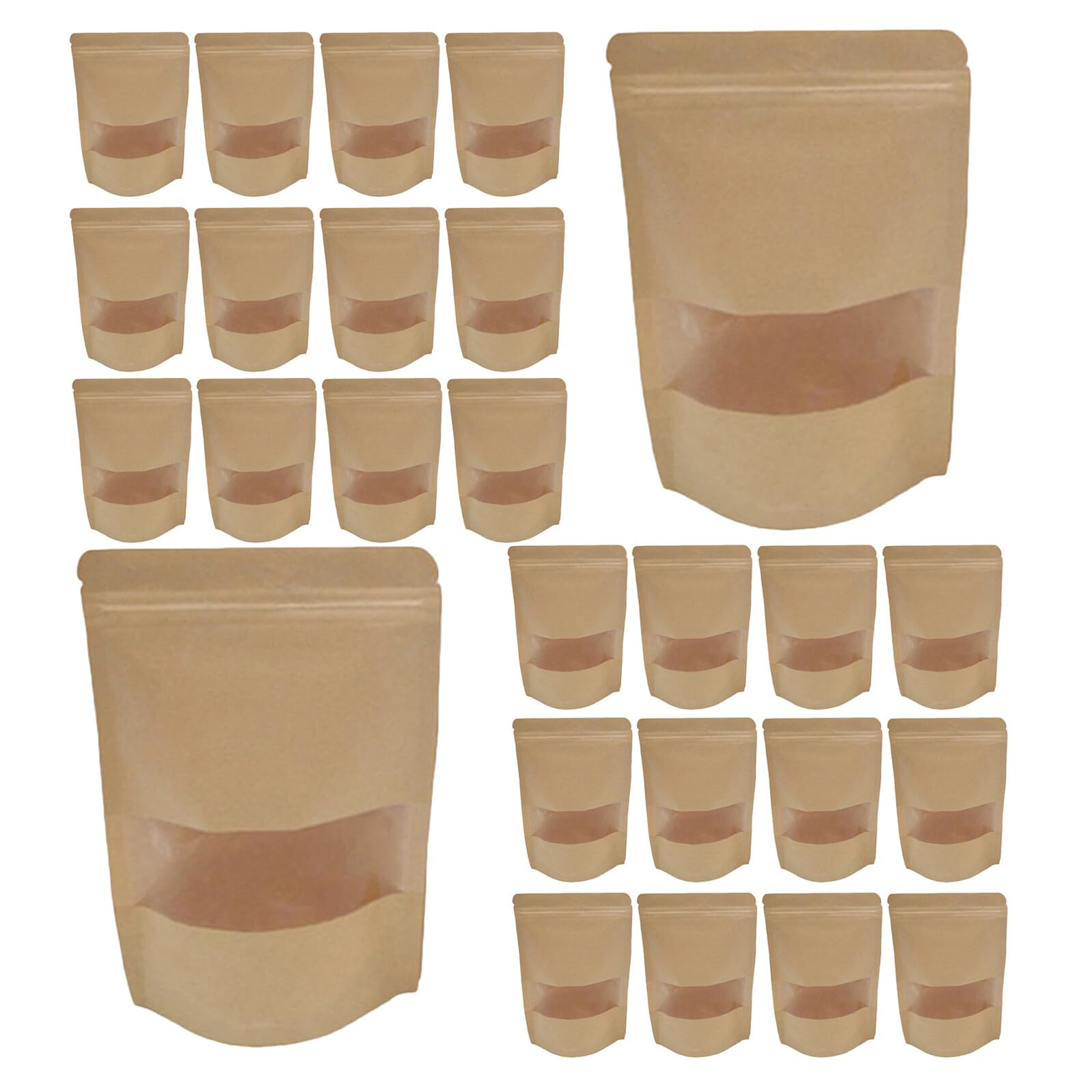 ERINGOGO Sachets en Papier Kraft Autoportants Refermables 20X30 CM avec Fenêtre Transparente Lot de 50 Paquet Alimentaires pour Conservation de Thé Fruits Secs Biscuits et Fromage