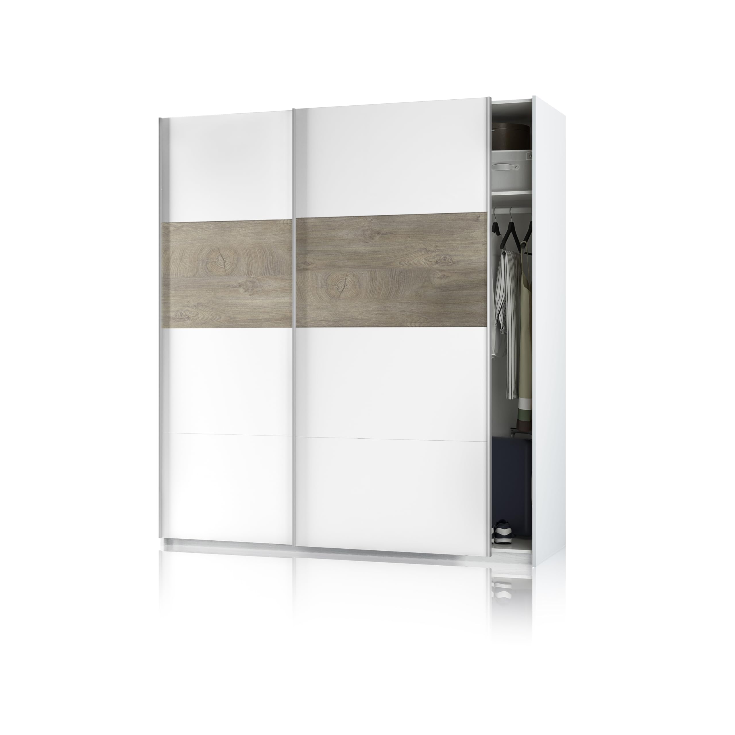duehome | Armario 2 Puertas Correderas para Dormitorio o Habitación, Modelo Brike, Acabado en Blanco Artik y Roble Alaska, Medidas: 180 cm (Largo) x 200 cm (Alto) x 60 cm (Fondo)