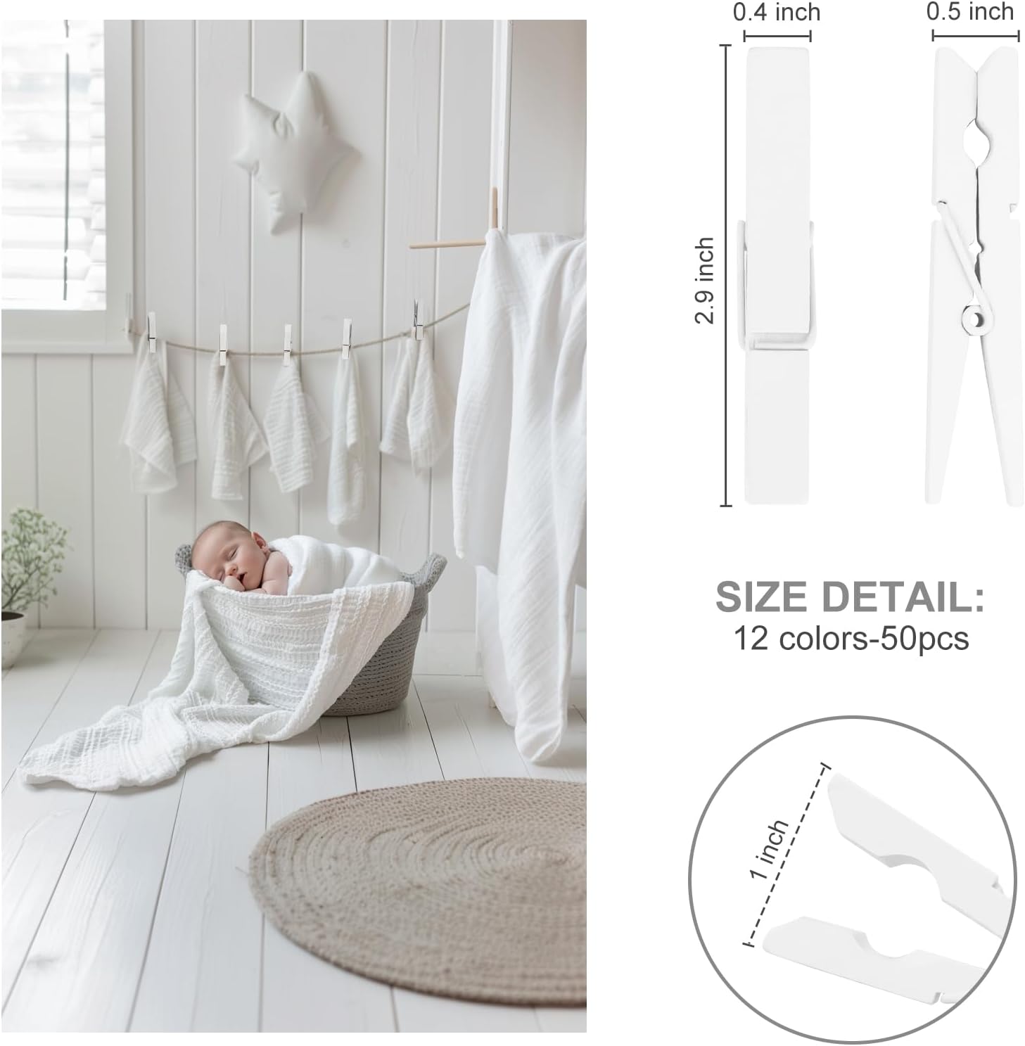 White Clothes pins 2.9inch 50PCS White, Colorful ClothesPins Wooden Clips for Photos Pictures Decorative Crafts, Decoration Colored clothespins Clothing Hanging clothespins image 5