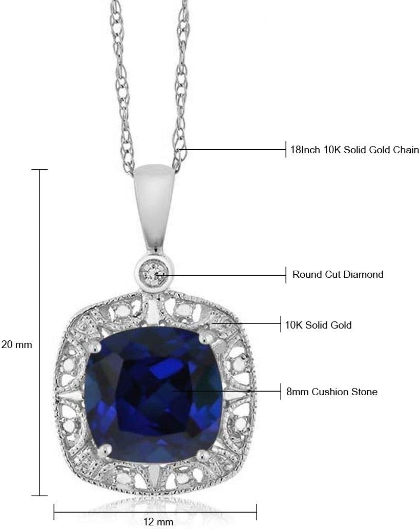 Gem Stone King 10K White Gold Blue Created Sapphire and Diamond Accent Pendant Necklace For Women | 2.50 Cttw | Cushion 8MM | With 18 Inch Chain