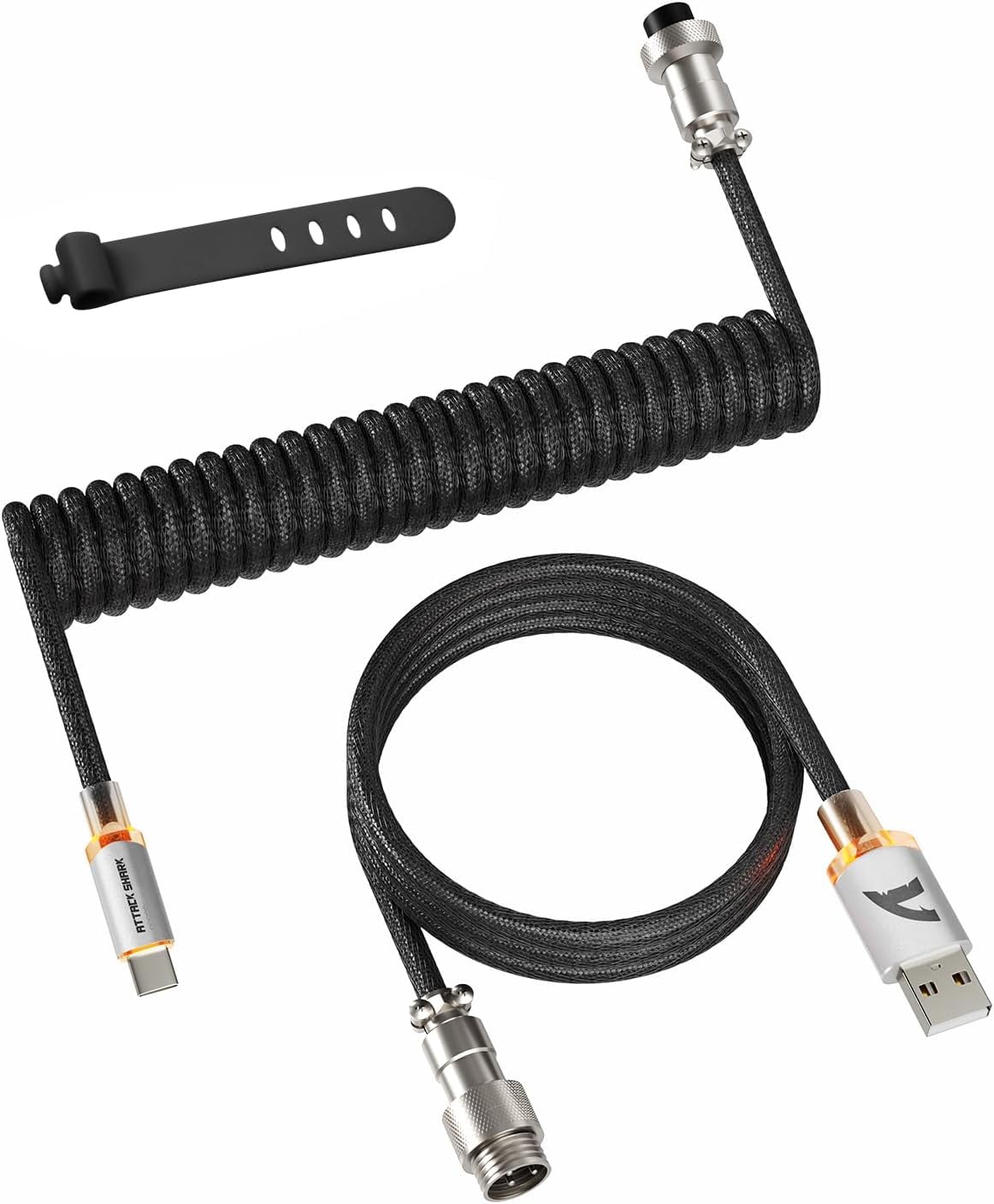 ATTACK SHARK C01 Ultimate Coiled Keyboard Cable for 8K Magnetic Switch Keyboards,Custom USB-C to USB-A Cable with Detachable Metal Aviator Connector,Double Braided Sleeve,RGB Lighting-Black