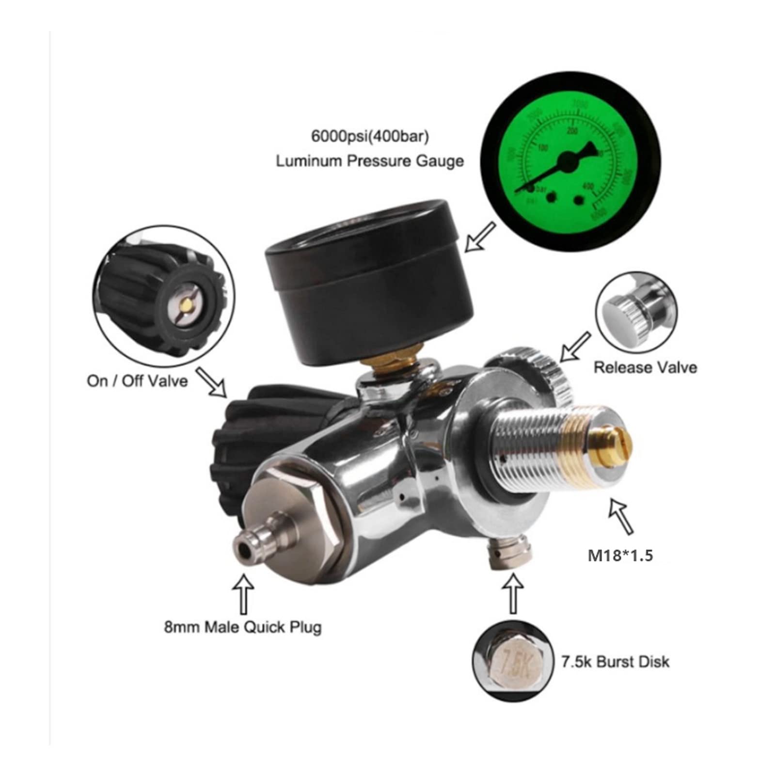 Aramox Manometro per Bombola da 6000 Psi, Manometro per Bombola in Acciaio Inossidabile, Ottone, M18x1,5, Doppia Scala, Luminoso, 400 Bar, per Controllo della Pressione della per Subacquei
