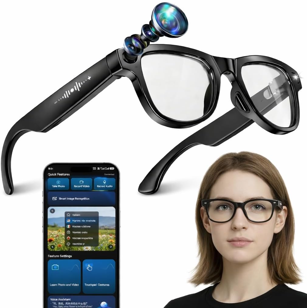 AI Smart Glasses with 8MP 4K Camera Glasses, 2026 1200P Video Recording Glasses for Women & Men, 139 Languages Real-Time Translation, Voice Assistant, Open-Ear Audio for Travel, Meetings & Vlogging
