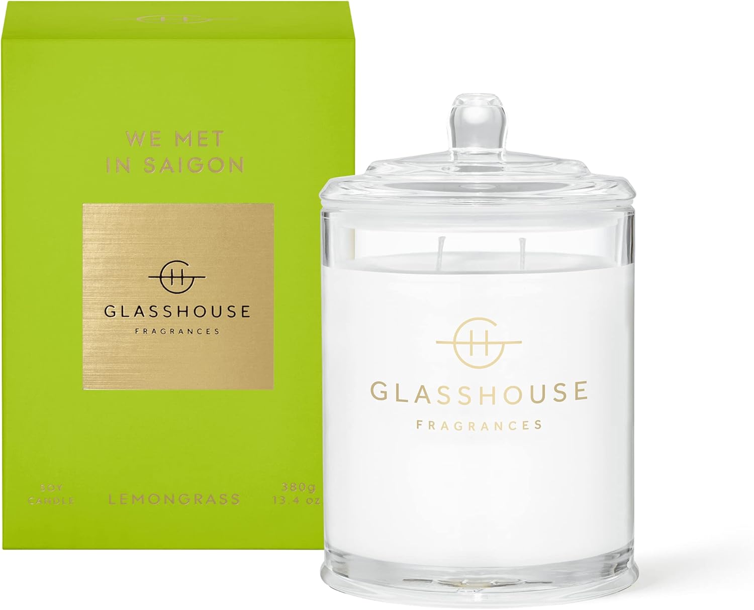 Glasshouse Fragrances We Met in Saigon Candle, Triple Scented Natural Soy Wax Blend, 2 Wicks & Glass Jar, 65 Hour Burn Time, Lemongrass, 13.4 Oz (380g)