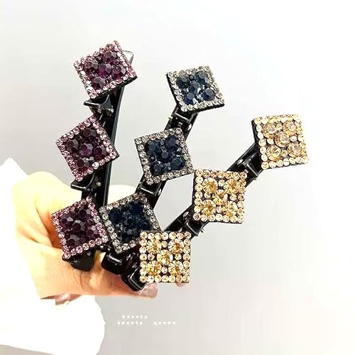 3 Pcs Sparkling Crystal Stone Braided Hair Clips For Women,Hair Styling Clips With Rhinestones,Double Layer Triple Segmented Braided Hair Clip With 3 Small Clips #TOP2