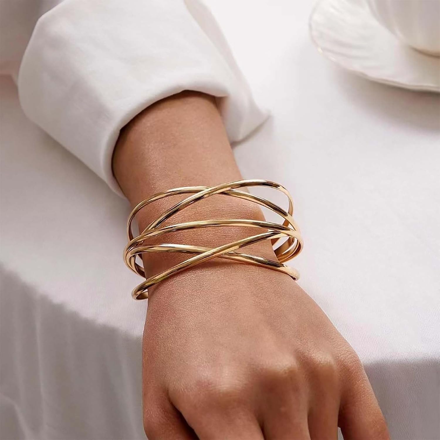 Punk Cross Wire Bangle Bracelet Gold Wrist Cuff Wrap Bracelet Chunky Bangle Bracelet Adjustable Wide Cuff Bracelet X Cross Open Bangle Bracelet Jewelry for Women - Image 2