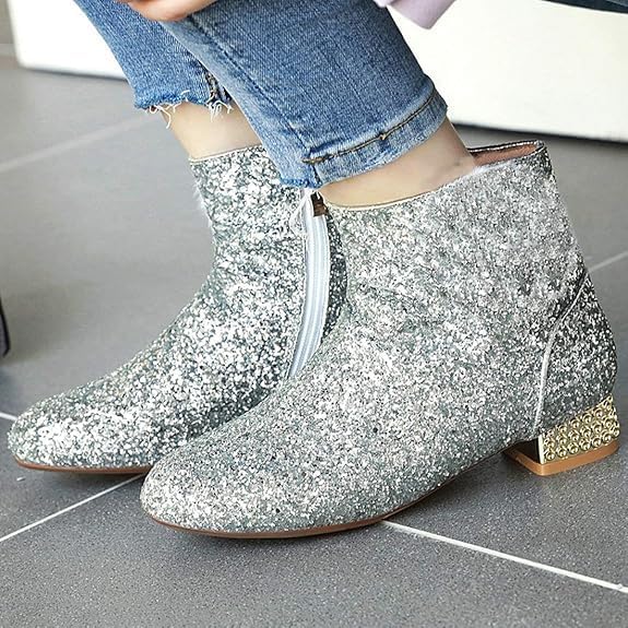 MAVMAX Sequin Low Heeled Ankle Boots Women Sparkly Glitter Block Heel Booties - Image 7
