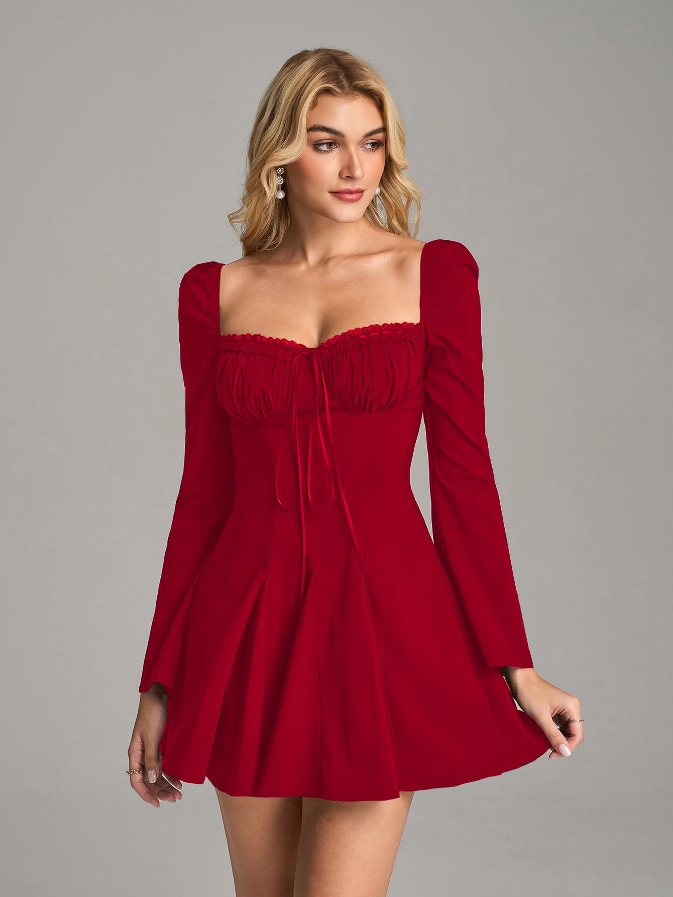 EYNMIN Long Sleeve Mini Dress Lace Sweetheart Neckline Flowy A Line Short Going Out Dresses for Women: Red X-Large