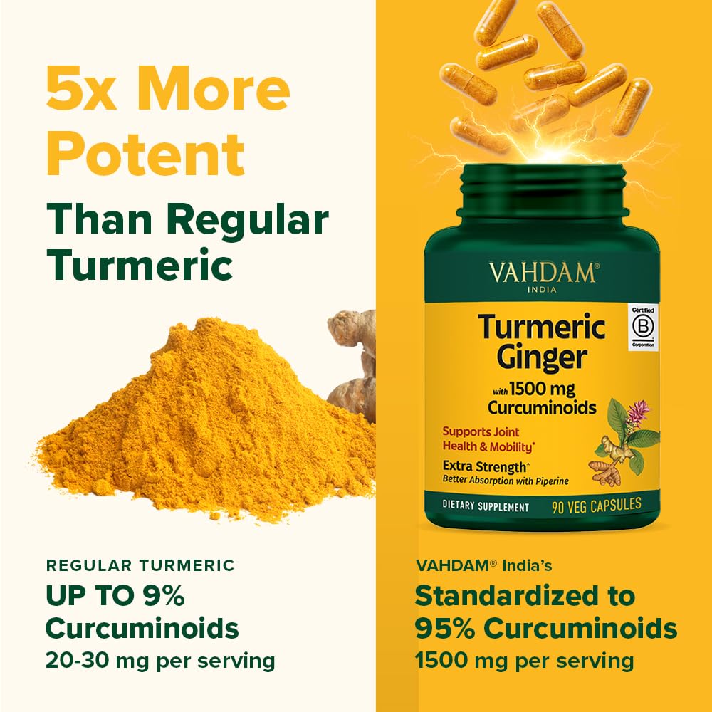 VAHDAM Extra Strength Turmeric Ginger Supplement with 1500mg Curcuminoids per Serving | Added Piperine for Better Absorption | Supports Joint Health and Mobility | 90 Veg Capsules - Image 4