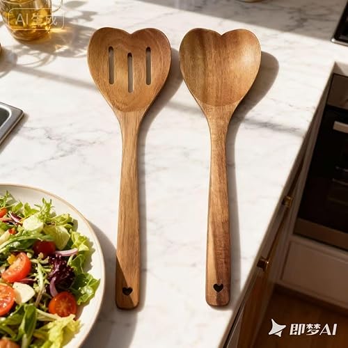 Miniatura 6 de Juego de 2 cucharas de madera con forma de corazón para cocinar, cuchara de madera en forma de corazón, mango largo, utensilios de cocina de