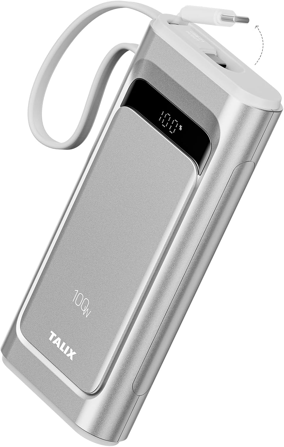 TALIX 100W/10000mAh Portable Charger Power Bank Fast Charging with Built in Cables,3-Port USB-C Laptop Battery Pack,Portable Phone Charger for iPhone 17/16,iPad,Switch,Android,Samsung,Camping,Silver