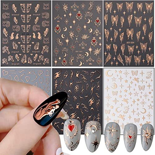 Rose Gold Nail Art Stickers, Leopard Butterfly Sun Moon Stars Heart Line Nail Self-Adhesive Sticker Design, 3D Nail Transfer Decals Supplies For Women Manicure Decorations, Diy Resin Nail Decal #TOP18