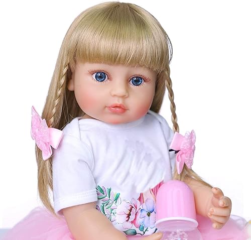 Miniatura 5 de Muñecas de bebé Reborn de 22 pulgadas, de cabello rubio, de cuerpo completo, de vinilo de silicona, con ojos azules, vestido rosa para niñas,