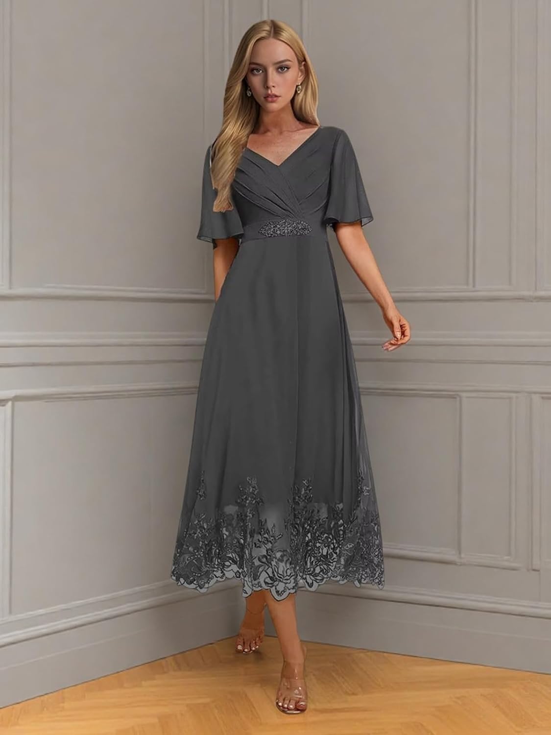 Tea Length Mother of The Bride Dresses for Women Chiffon Applique Lace Ruffles Formal Plus Size Wedding Guest Dress