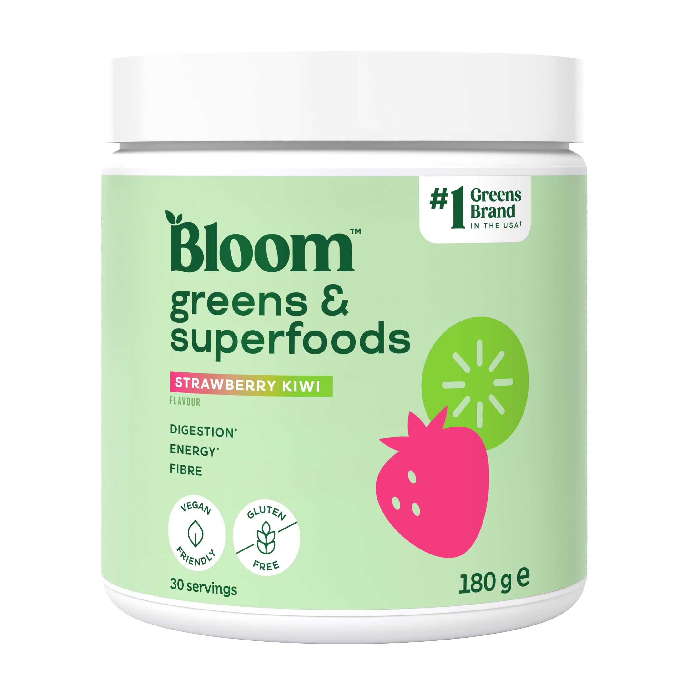 Bloom Nutrition Super Greens Pulver Erdbeer-Kiwi (30 Portionen) mit Probiotika, Verdauungsenzymen, Spirulina & Chlorella, zuckerfrei
