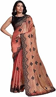 vinabi studio Peach Tissue Silk Saree with Black Embroidered Border, Floral Motifs, With Unstitched Blouse