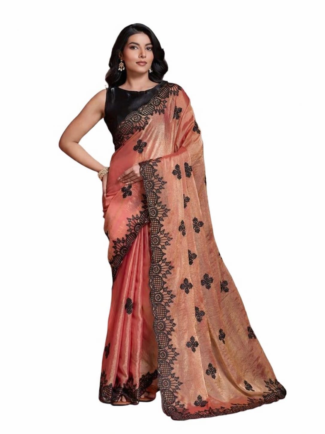 vinabi studio Peach Tissue Silk Saree with Black Embroidered Border, Floral Motifs, With Unstitched Blouse - Review, Price and Buying Guide