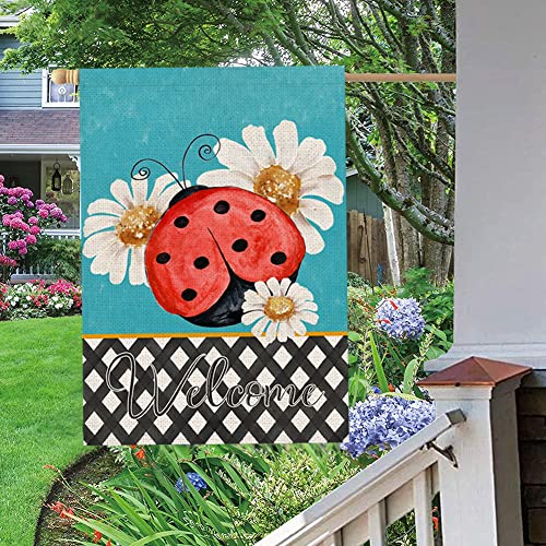 Qinqingo Ladybug Daisy Welcome House Flag 28" X 40" Vertical Double Sided Burlap Spring Summer House Flag For Garden Lawn Yard Outdoor Decorations (Hf-01) #TOP6