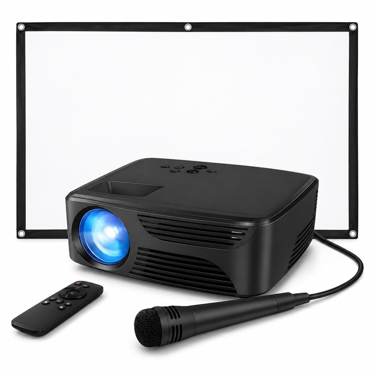 Mini proiettore Bluetooth con schermo, microfono per karaoke e telecomando, proiettore portatile per camera da letto, serate cinematografiche all'aperto e campeggio, altoparlante integrato, HDMI