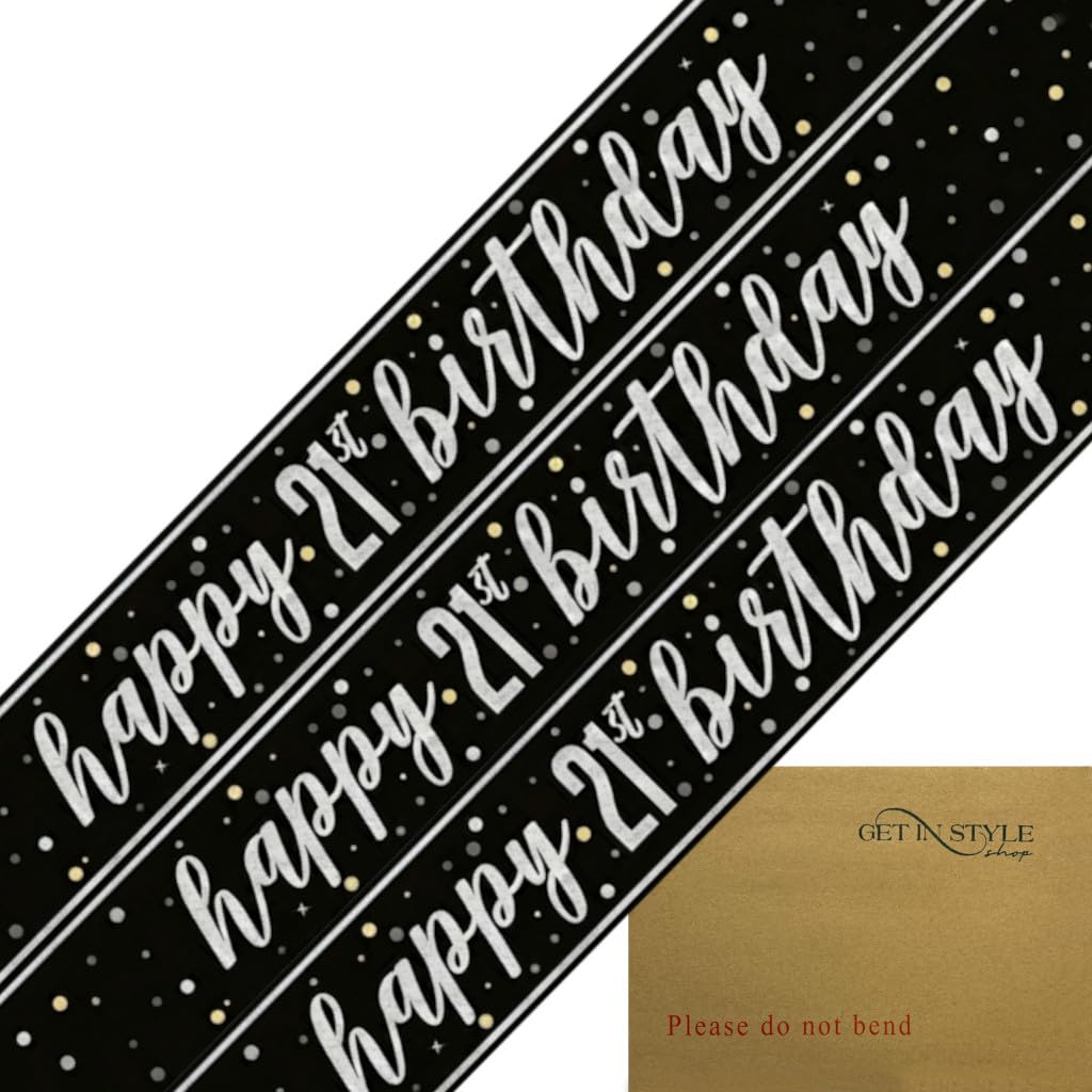 9ft Banner Happy 21st Birthday Elegant Glitz Black & Silver Holographic Foil Pennant (274cm) – For Party Decorations, Celebrations & More
