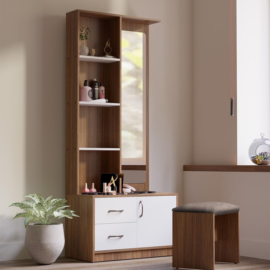 Amazon Brand - Solimo Lisa Dressing Table Modern Dressing Table with Mirror, 4 Storage Shelves, 2 Drawers and Stool, 183 cm Height, Leon Teak and White-image-7