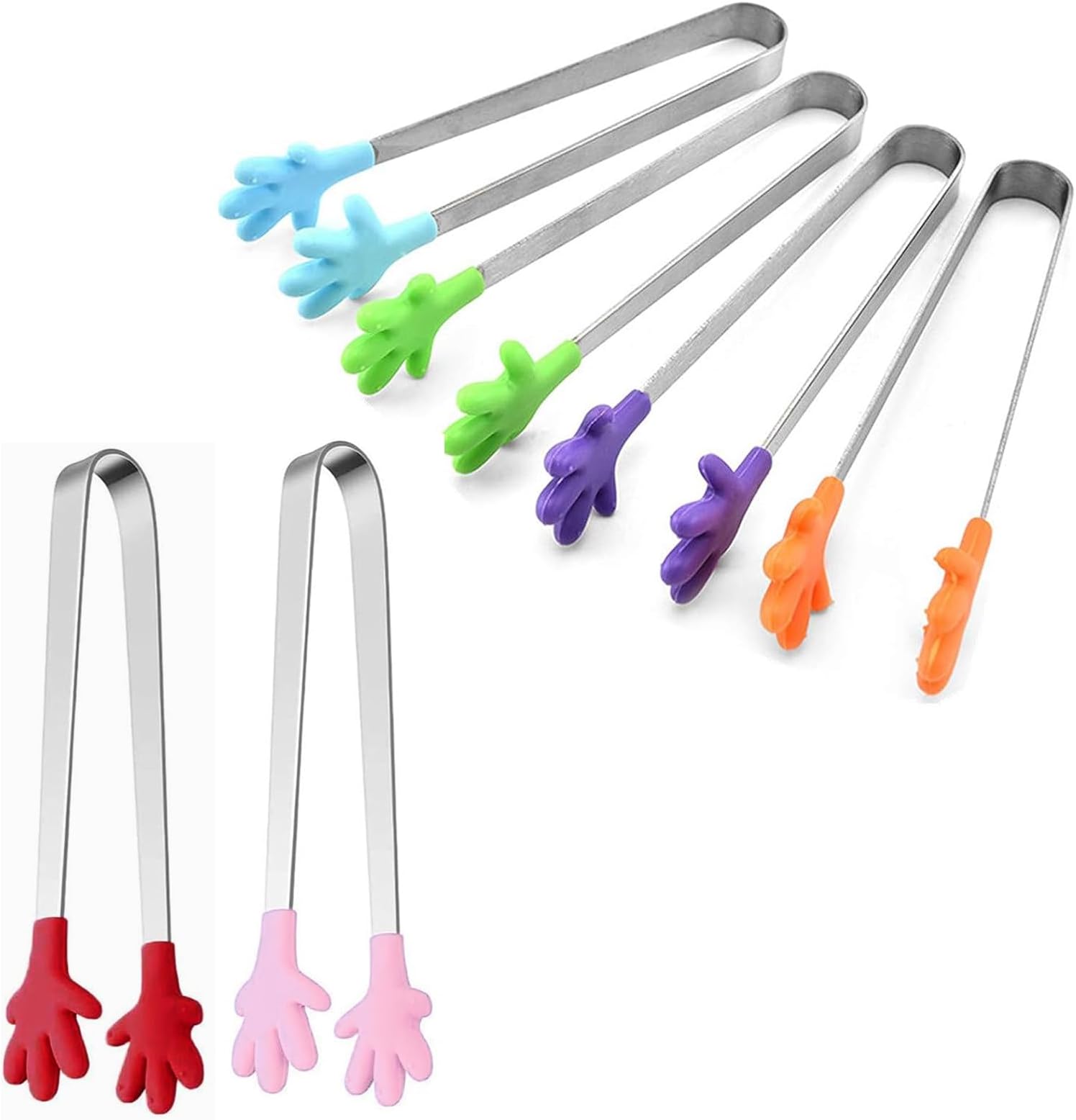 (6 Colors) Mini Hand Tongs,Sweet Tongsfor Pick Mix,Sugar Ice Tongs,Stainless Steel MiniTongs Food Tongs with Skid-Proof Hand Shape Silicone for Supermarket Sweet Candy Coffee Ice Bucket,Bar Kitchen