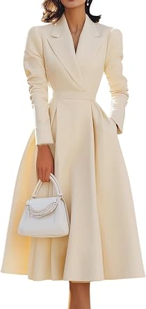 Women Lapel Collar Trendy A Line Maxi Dresses Long Sleeve Flowy Dresses Casual Wedding Guest Prom Dress