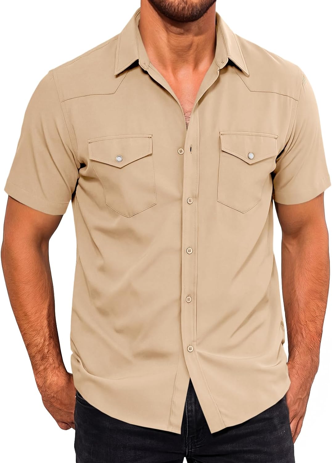 Runcati Mens Short Sleeve Linen Button Down Shirt Work Western Cowboy Tops | Summer Casual Shirt, Beach Vacation Tops, Chest Pockets