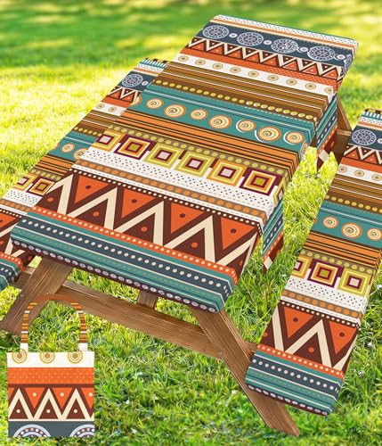With Bench Covers Fitted Rectangle Table Cloth Tablecloth Camping Gear Essentials Rv Accessories Road Trip Supplies Car Travel Must Have 6 Ft Foot Feet 72in Bohemian Boho