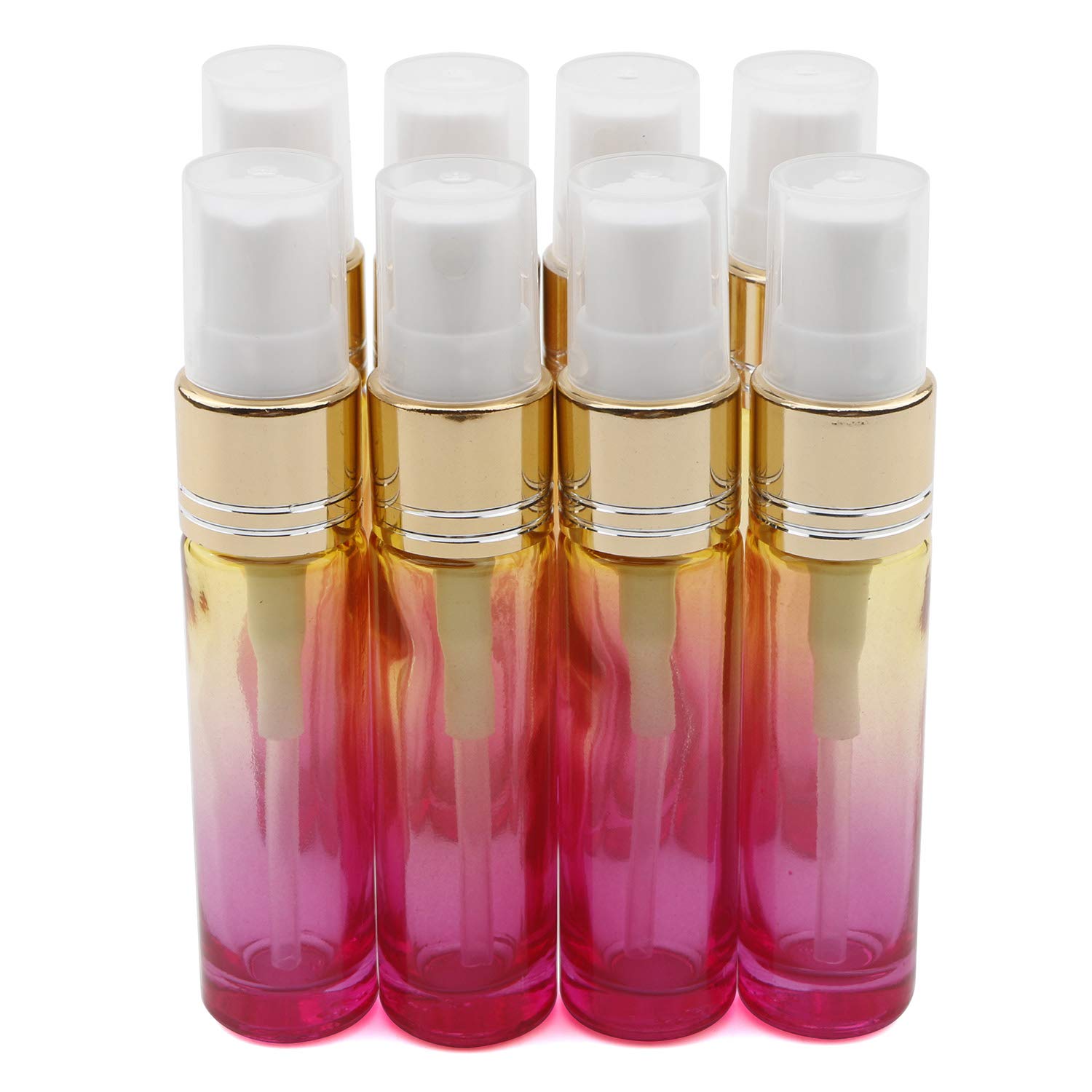 Unxuey 8pcs Gradient Rainbow Color Travel Perfume Bottles 10ml (0.3 Oz) Glass Mist Spray Golden Fine Sprayers Bottles Cosmetic Essential Oils Vials Perfume Make Up Sample Bottle