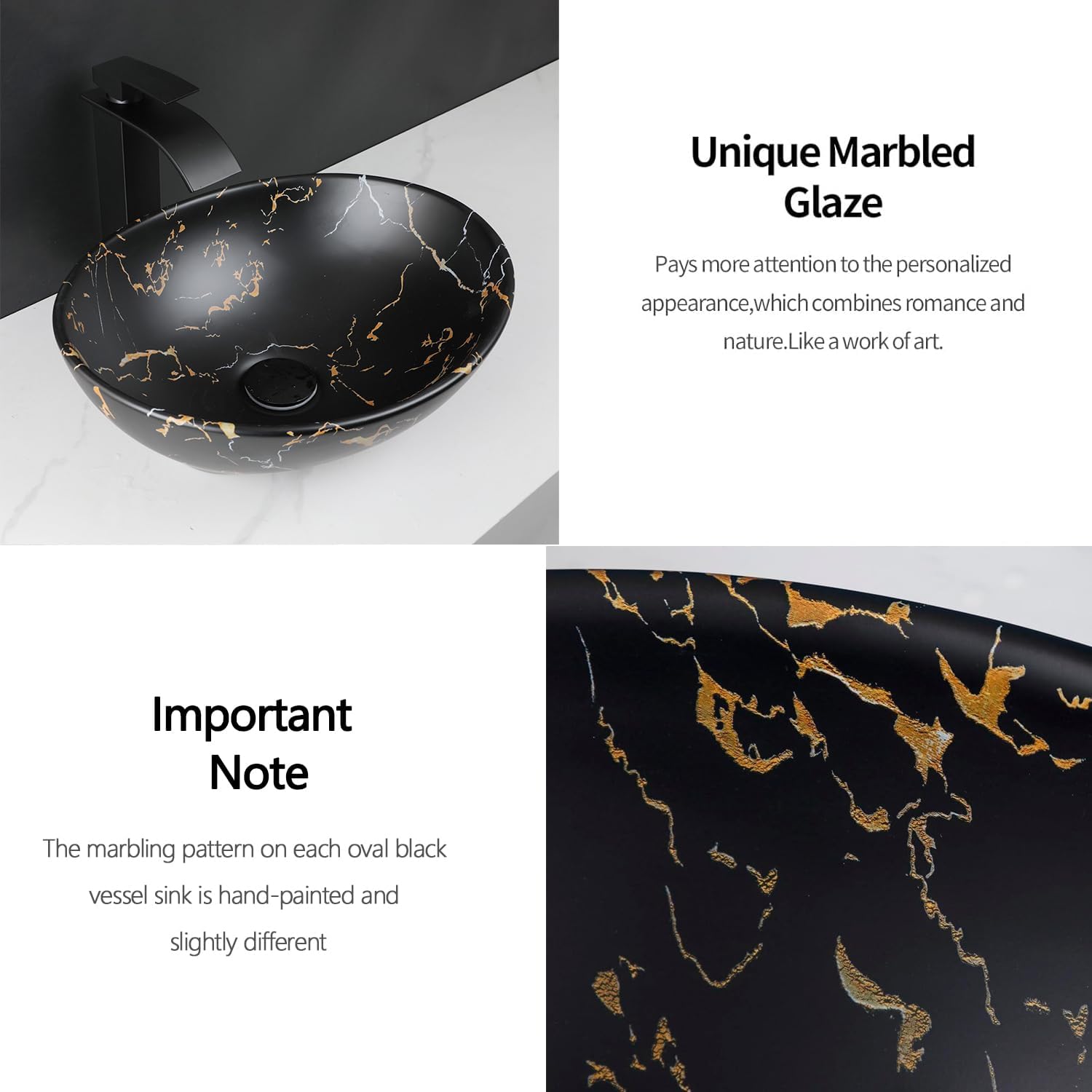 17"×14" Marbling Vessel Sink with Faucet and Drain Combo Black and Gold Ceramic Bathroom Vessel Sink, Oval Above Counter Bathroom Sinks