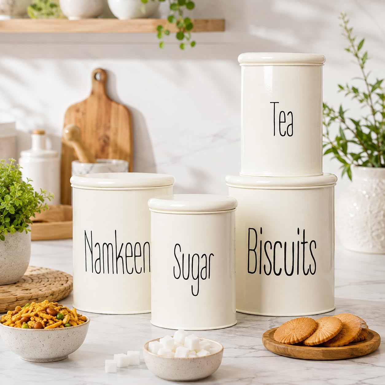 MARKET 99 White Metal Tea and Sugar Jar 900ml Each with Biscuit and Namkeen Jar 1700ml Each Set of 4 | Leak-Proof Kitchen Storage Containers for Dry Food | Stylish Canister Set for Pantry Organization