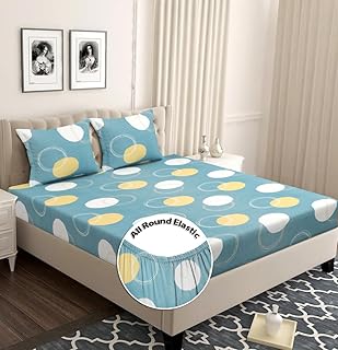 BSB HOME Premium 100% Microfiber Striped Elastic Fitted Bedsheets with 1 King Size Pillow Covers | Double|Queen Bed with All Around Elastic 180 TC Supersoft | Size-78 X 72+10" Grey & White Polkadot