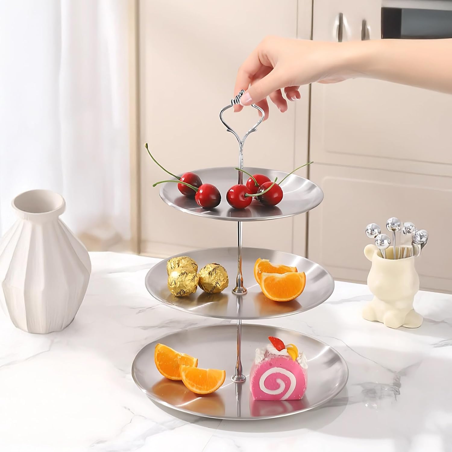 Silver Elegant 3-Tier 2 Pcs Cake Stand, Tiered Tray For Desserts Stainless Steel, Fruit And Snacks, Great For Parties Weddings, Includes Feet Non-Slip