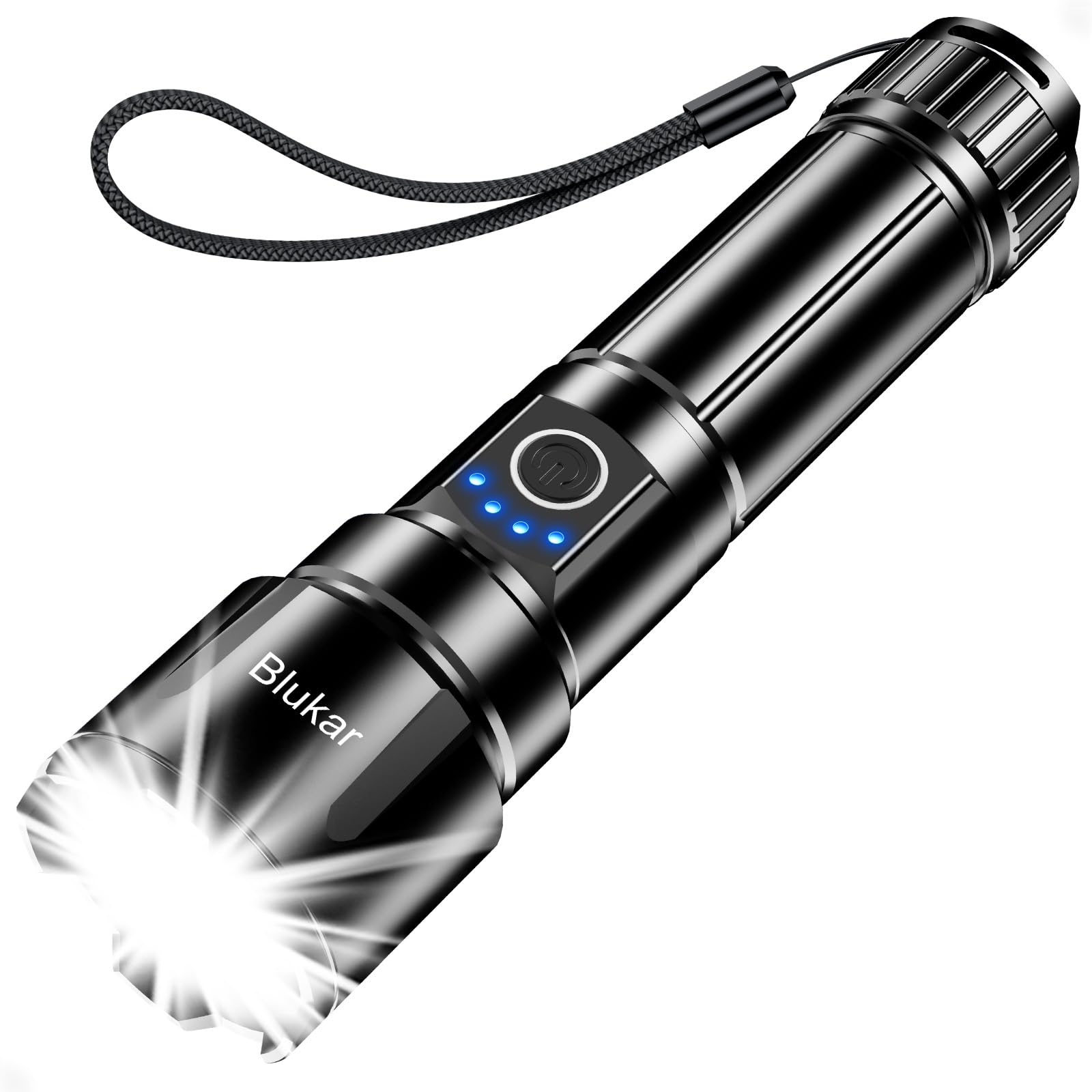 Blukar Torcia LED Potente Professionale Ricaricabile, Alto Lumen con Zoom | 5 Modalità di Luce, IP67 Impermeabile Flashlight per Campeggio/Pesca/Trekking/Emergenza