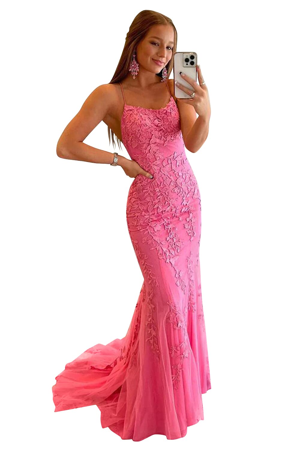 Clothfun Women's Long Lace Prom Dresses Mermaid Spaghetti Straps Backless Formal Evening Gowns