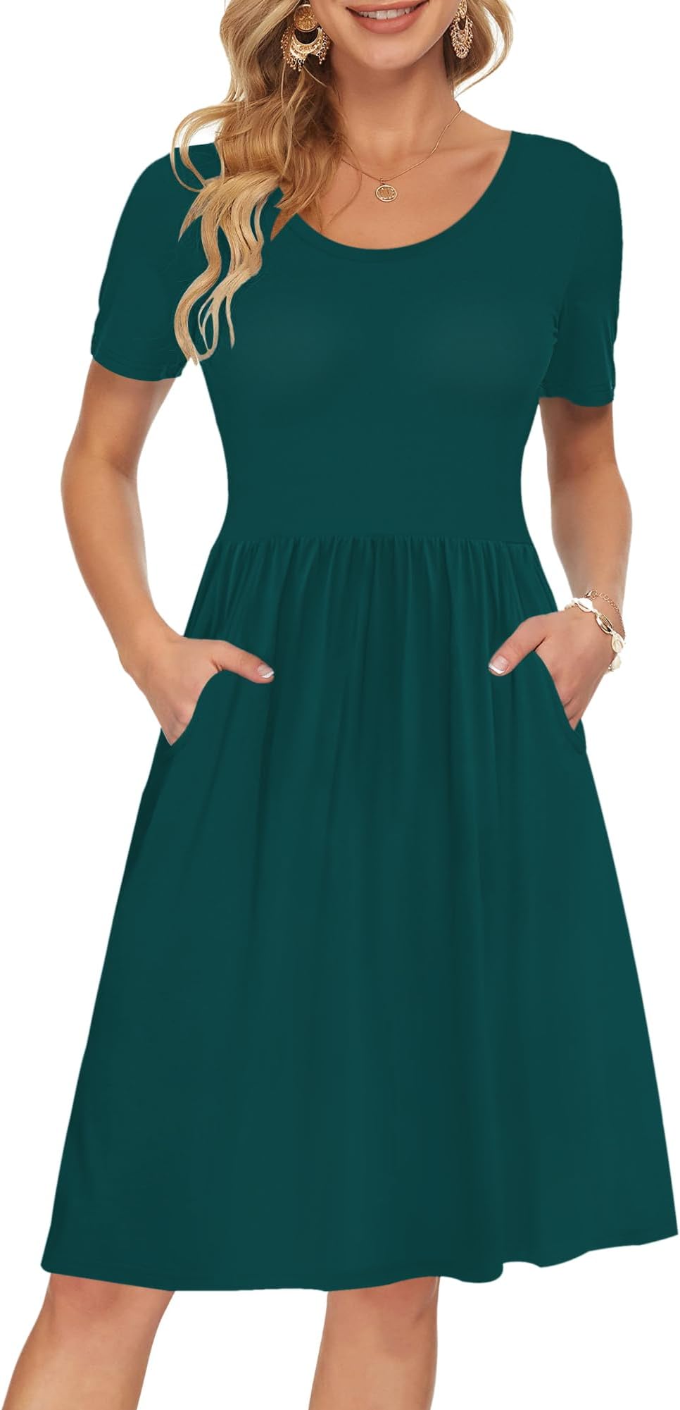 AUSELILY Women's Short Sleeve Empire Waist Dress Pleated Loose Swing Knee Length Dresses with Pockets 2025 New