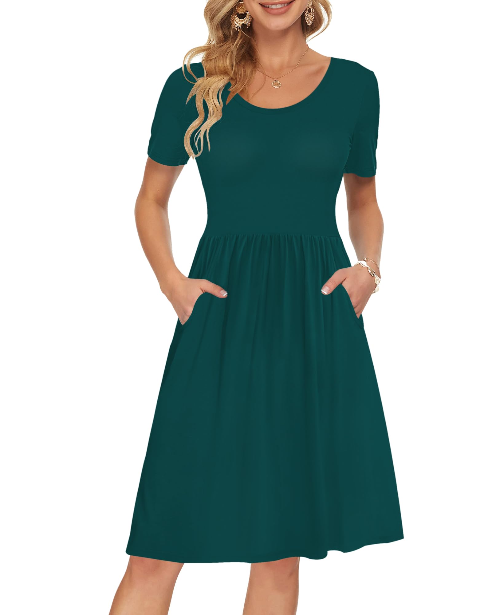 AUSELILY Women's Short Sleeve Empire Waist Dress Pleated Loose Swing Knee Length Dresses with Pockets 2025 New