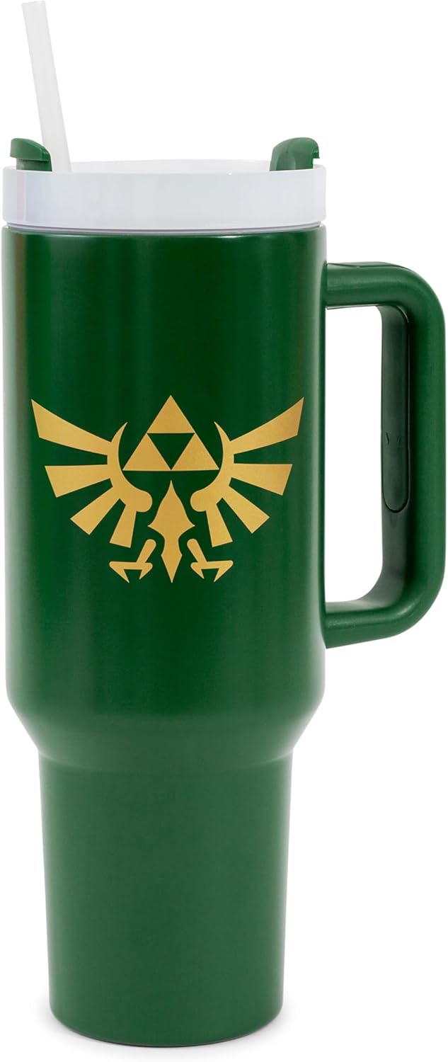 Pyramid America The Legend of Zelda Hylian Crest Metal Travel Tumbler With Leak-Resistant Lid and Reusable Straw | Holds 40 Ounces