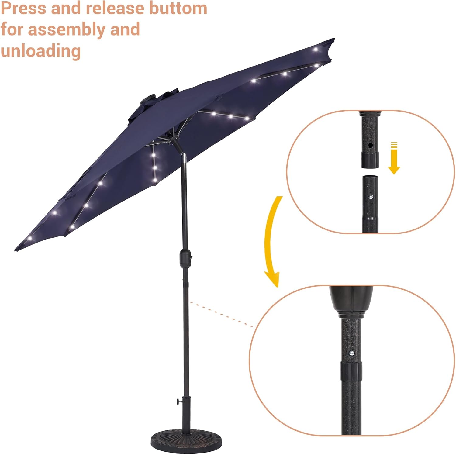 9FT patio umbrella with solar lights, umbrella outdoor patio with Push Button Tilt and Crank Market Umbrella 8 Sturdy Ribs UV Protection Waterproof for Garden Deck Backyard Pool