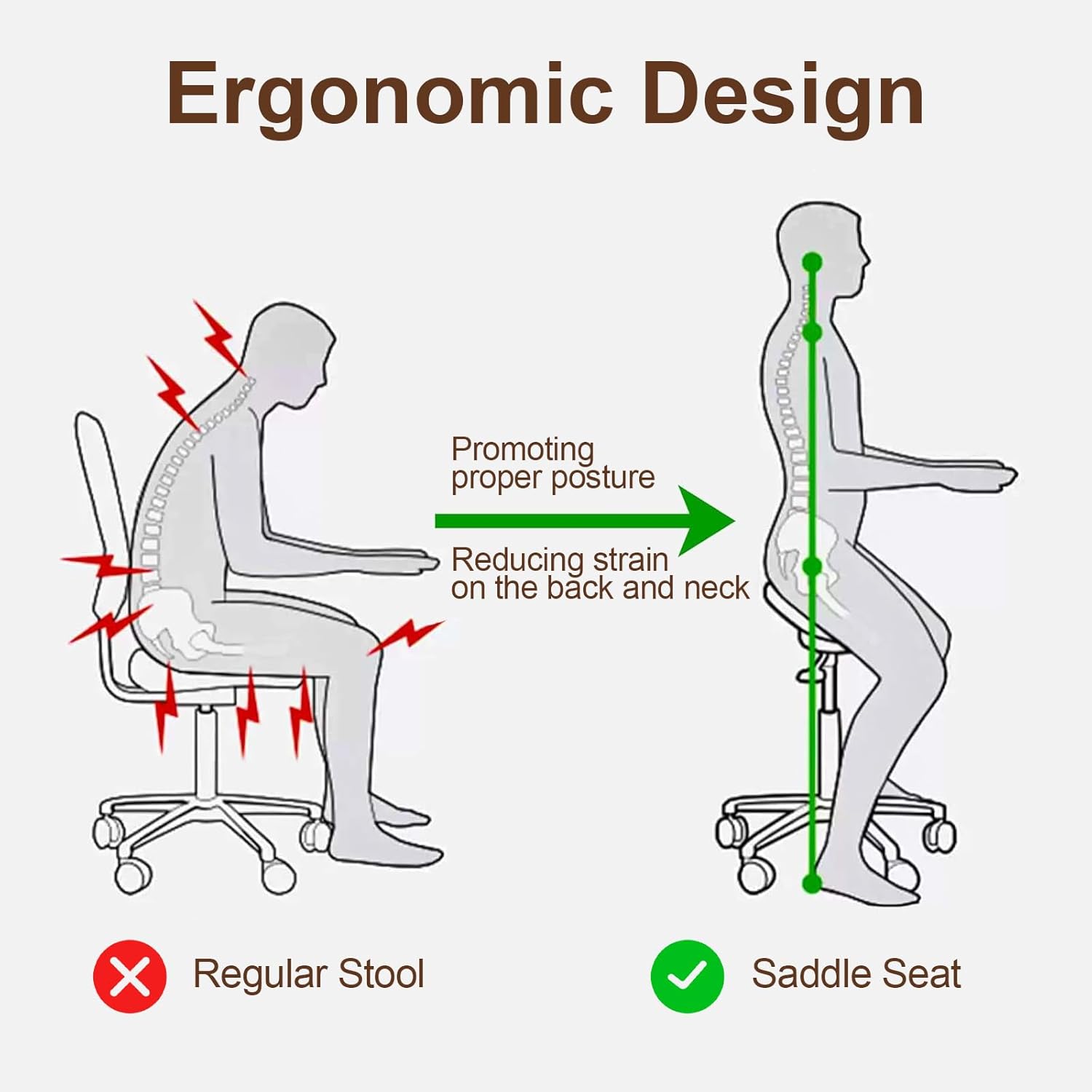 Saddle Stool, Ergonomic Saddle Chair with Wheels 450 LBS, Adjustable Height Swivel Salon Stool, Rolling Stool for Home Office Tattoo Massage Clinic Lab Beauty (Brown) - Image 7