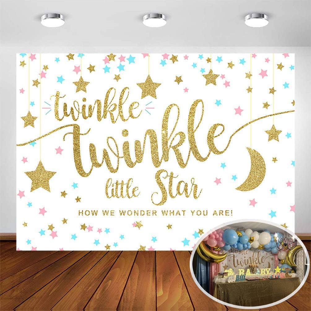 Avezano Twinkle Twinkle Little Star Gender Reveal Backdrop Pink Blue Gold Star Party Decorations Photography Background Moon and Star Boy or Girl He or She Gender Reveal Parties Backdrops (7x5ft)