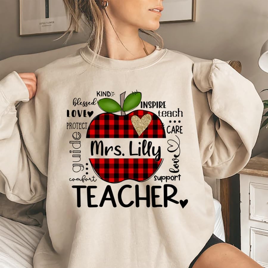 Miniatura 2 de NAZENTI Camisas personalizadas para profesores, regalos para profesores, camisas de regreso a la escuela, a cuadros de búfalo de leopardo, lindo